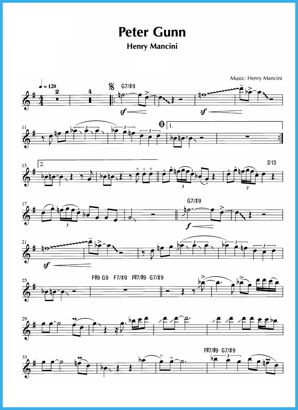 music score and backing track playalong of peter gunn by henry henry mancini sheet music
