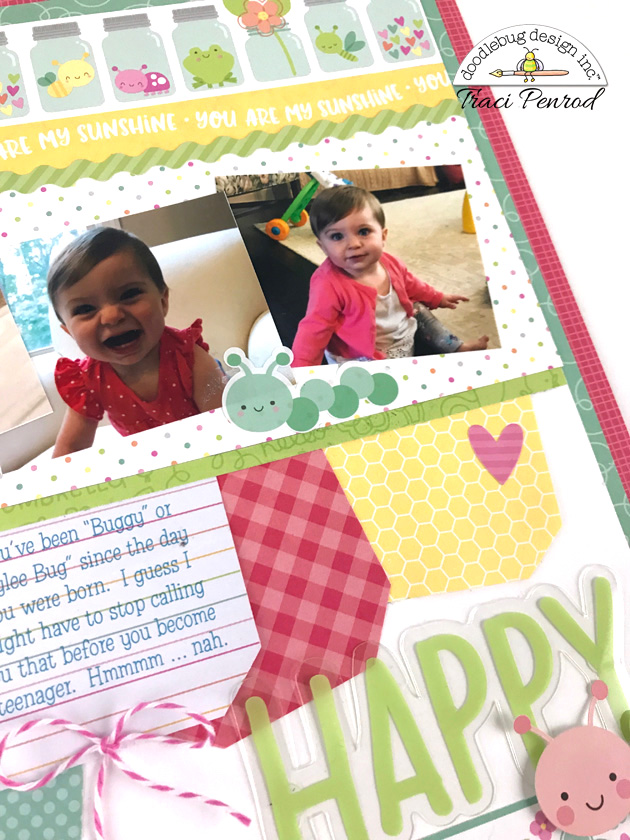 Happy Spring Scrapbook Layout with flowers, jars, bugs, & twine