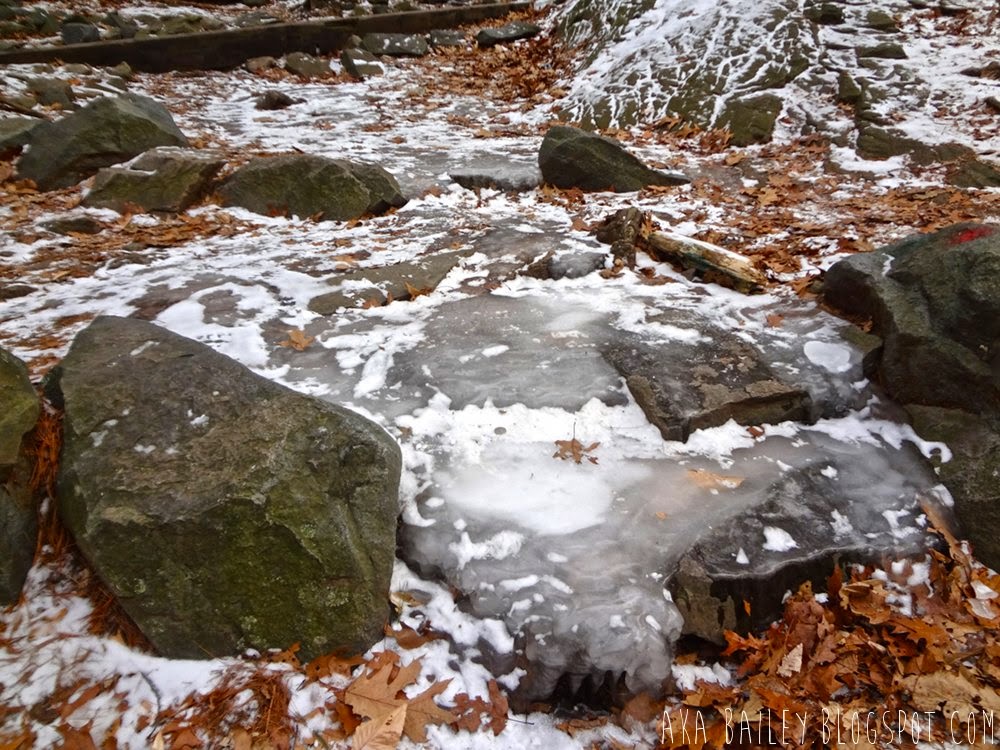 Icy rocks on trail to Great Blue Hill in Blue Hills Reservation