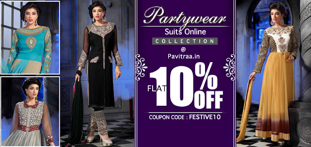 Festival Offer Flat 10% Discount on  Party Wear Salwar Suit online shopping at pavitraa.in