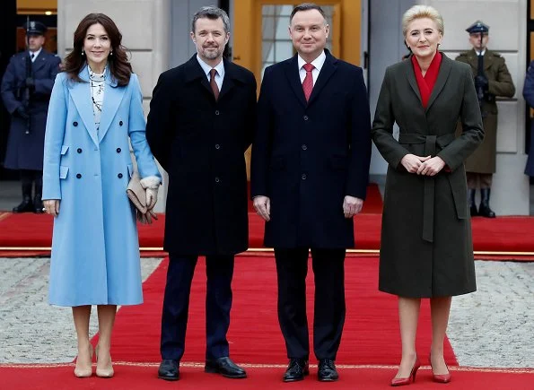 Crown Princess Mary wore Strenesse wool virgin coat in Loro Piana and print blouse. Andrzej Duda and Agata Kornhauser-Duda