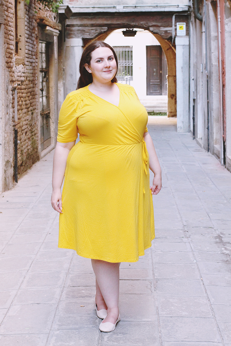 Plus size yellow wrap dress