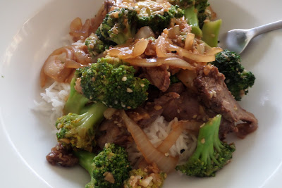 Beef and Broccoli Stir Fry:  Savory beef and crisp broccoli served over rice.