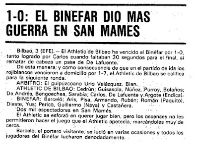 Eliminatoria Copa del Rey: C.D.Binéfar - Atlético de Bilbao de 1980