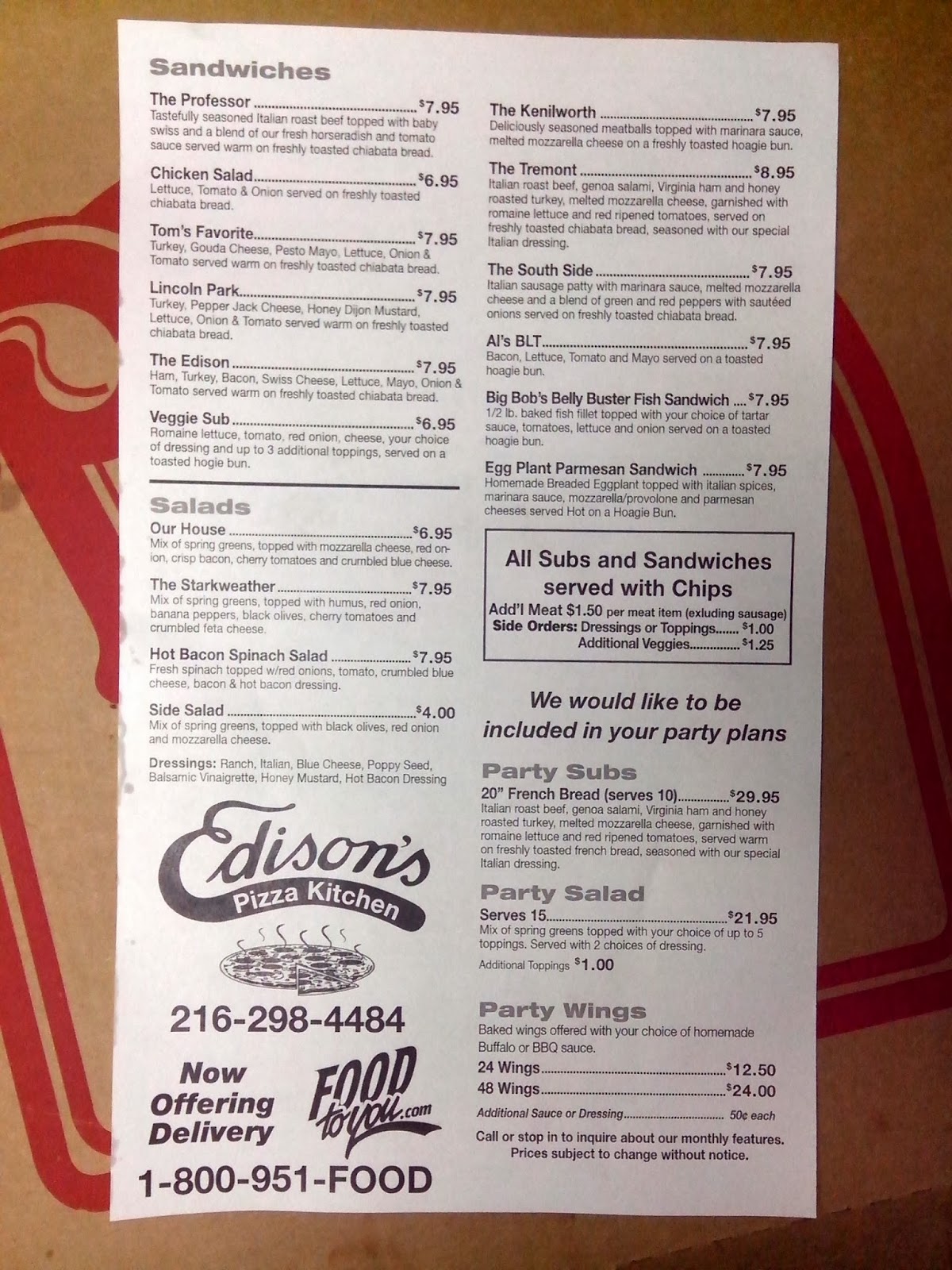 Tremont 'World Famous' Edison's Next Door Deli Pizza ONLINE MENU