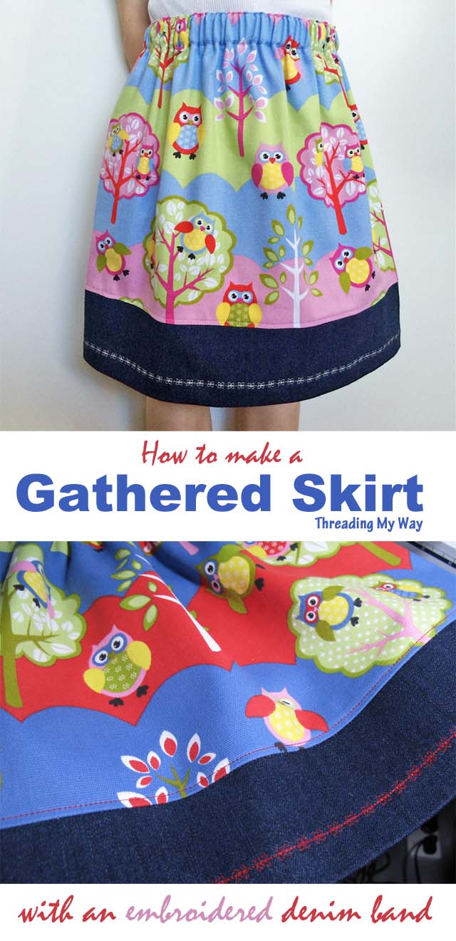 Learn how to make a gathered skirt with an embroidered denim band. Tutorial by Threading My Way