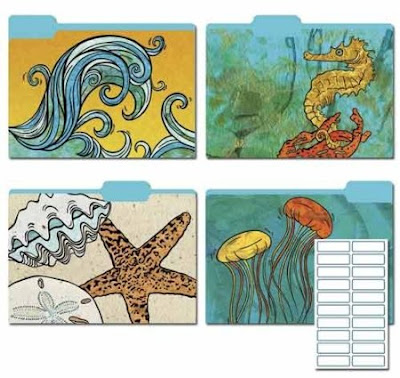 file folders with images from the sea - waves, starfish, etc.