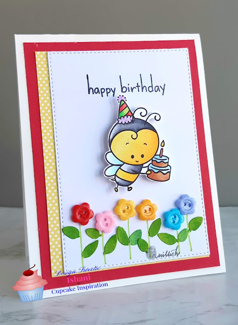Birthday card, CIC, cards by Ishani, Copic markers, Digital stamp, kitty bee designs - bumble bee, buttons card, use your stash - buttons Quillish