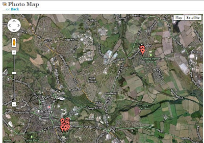 A Google map section showing Barnsley and Cudworth with lots of little red tags on the cemeteries I visited yesterday.
