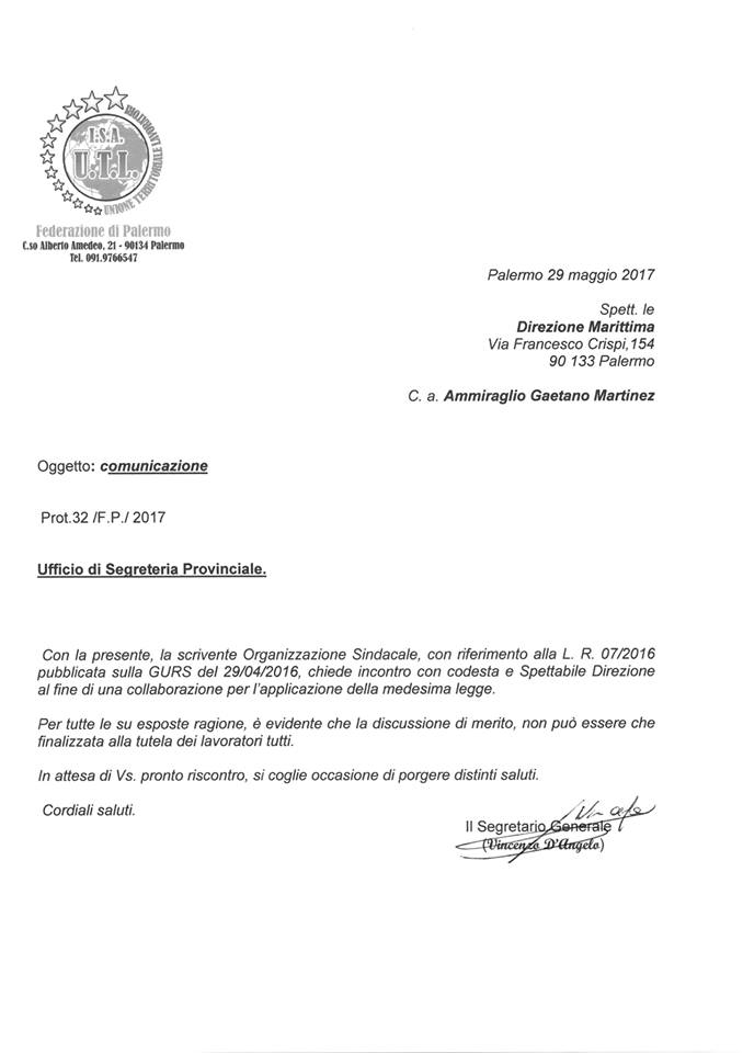Richiesta incontro con il comandante della Capitaneria di Porto di Palermo sull'applicazione della legge 07/2016