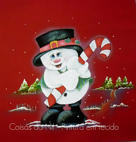 pano de copa vermelho com pintura de natal boneco de neve com bengala