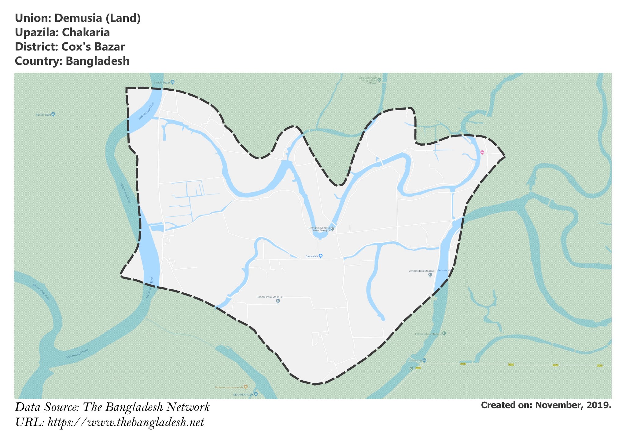 Map of Demusia of Cox's Bazar, Bangladesh.