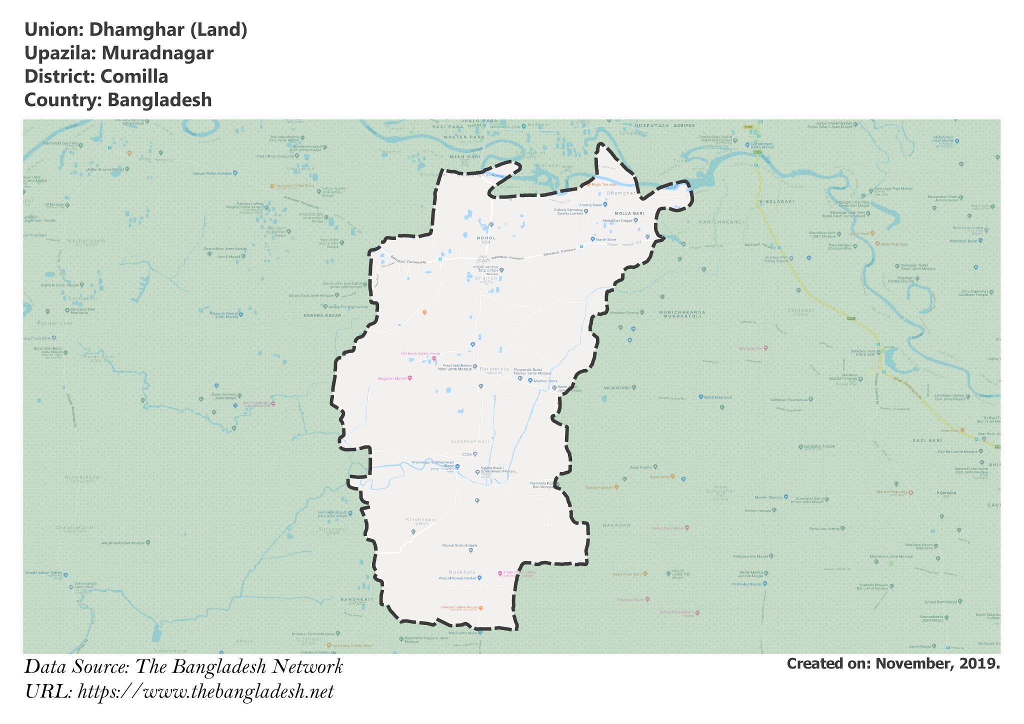 Map of Dhamghar of Comilla, Bangladesh.
