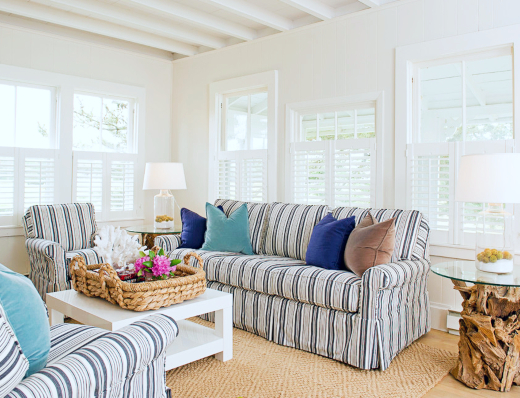 Small Coastal Living Room Design with Striped Sofa