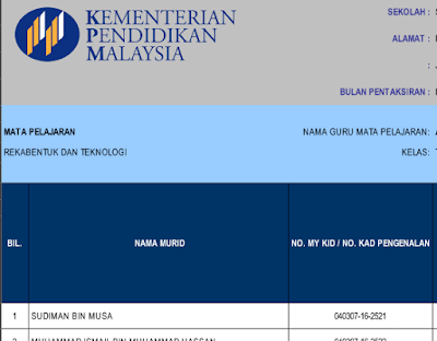 TEMPLATE PELAPORAN KSSM TINGKATAN 1SEMUA SUBJEK ~ My School