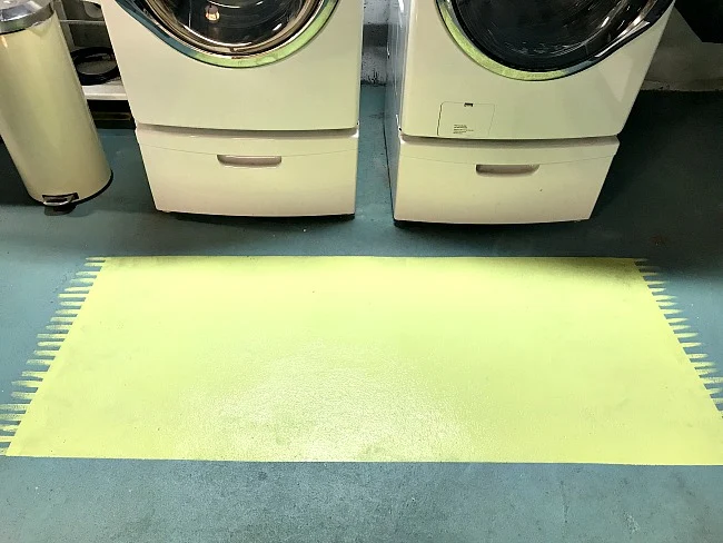Painted area rug in front of washer and dryer