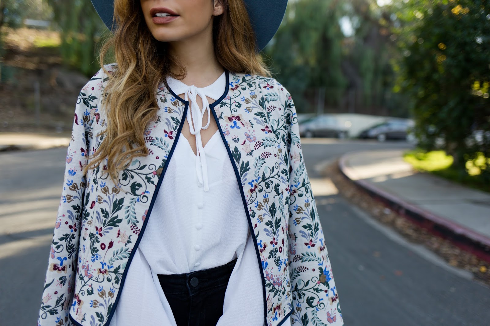 Stiletto Beats, new york and company, eva mendez, embroidered jacket, bell sleeve blouse, brixton hat, fringe jeans, los angeles blogger,