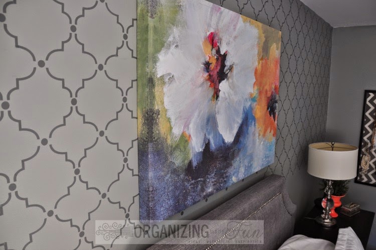 Beautiful feature wall that looks like wallpaper or a stencil, but it's a decal so it's easy to remove and easy to put up :: OrganizingMadeFun.com