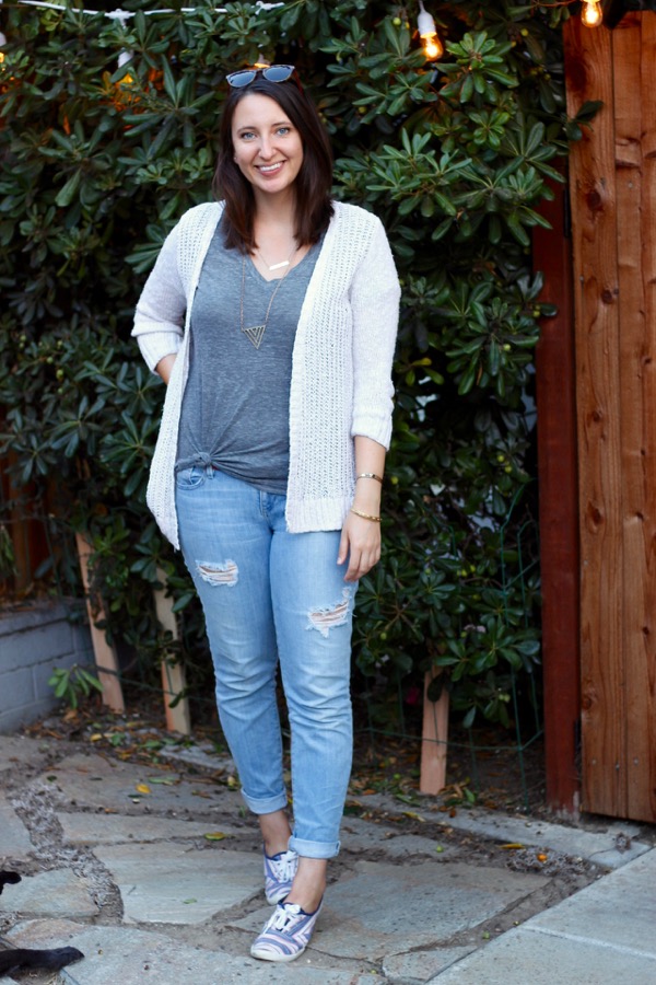 LunaVida Cardi Party Cardigan + Tee + Boyfriend Jeans + Sneakers