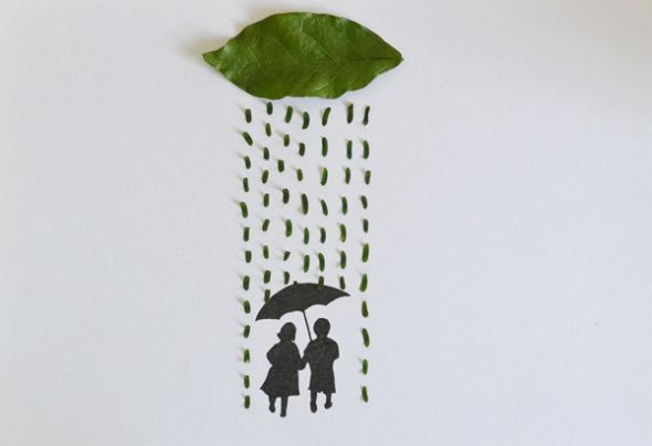 Tang Chiew Ling ilustrações design fashion lirico folhas de plantas Casal caminhando na chuva