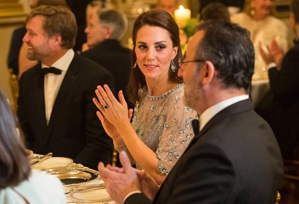 Kate Middleton the Duchess of Cambridge wore an elegant ice blue Jenny Packham gown for Gala Dinner at the British Embassy in Paris