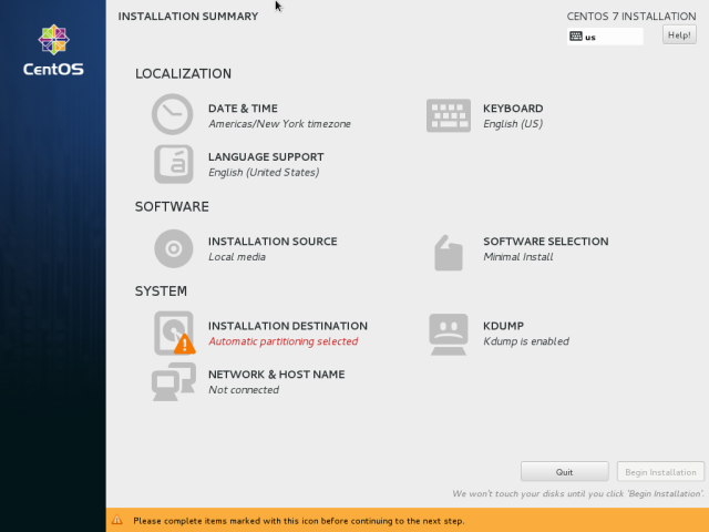 CentOS7 Installation Summary Screenshot
