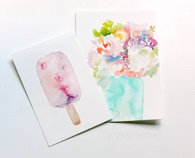 Original Watercolor Popsicle and flowers by Elise Engh