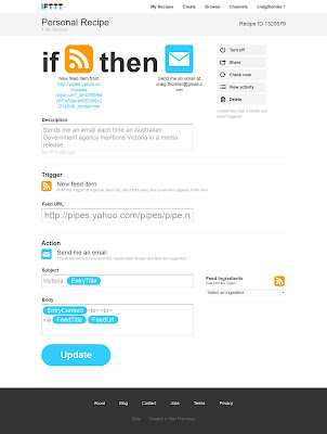 An IFTTT recipe built from the Yahoo Pipe above