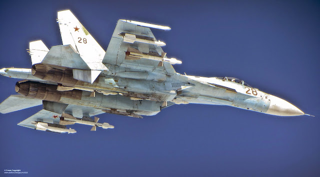 Russian SU-27 Flanker aircraft photographed from a RAF Typhoon.