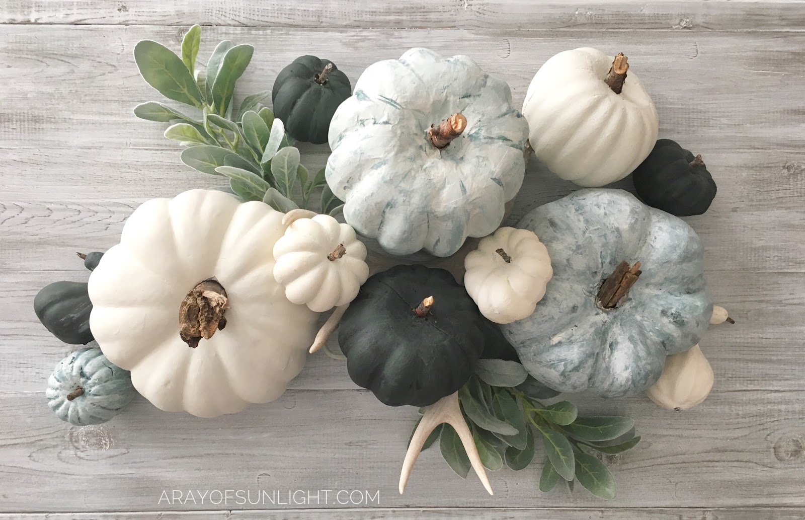 Learn how to make these painted fall pumpkins... the perfect project to get your fall decor going. We used Country Chic Paint to make these muted blue and green pumpkins and mixed them with lambs ear and antlers to go with our farmhouse decor. By A Ray of Sunlight
