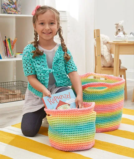 striped crochet baskets