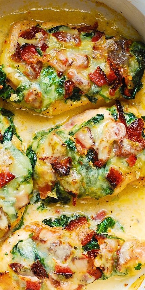 Sun-Dried Tomato, Spinach, and Bacon Baked Chicken Breasts.