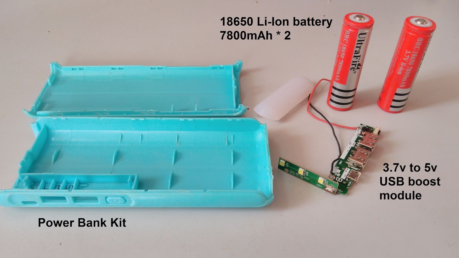 The 15600 mAh Power Bank Kit uses the 3.7v 18650 Liion battery