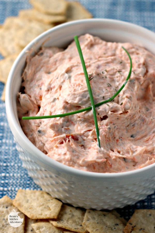 Easy Smoked Salmon Dip surrounded by Van's crackers