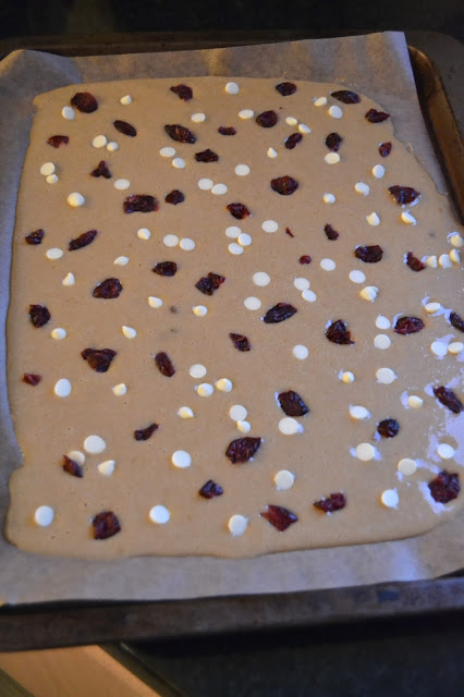 blondies with white chocolate chips and dried cranberries baked into crisp shards