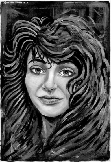 original art Kate Bush painting A Study of British Musician, Kate Bush. Original hand painted fine art portrait with acrylic on paper. Size A4: 21 x 29.7cm 220 gsm white paper (not framed) Media: Acrylic paint. Signed and Dated by Artist Spencer J. Derry in 2018.