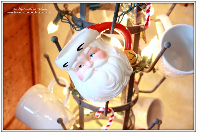 Farmhouse Christmas Kitchen-Breakfast Nook-French Bottle Drying Rack-Vintage Santa Mug-From My Front Porch To Yours