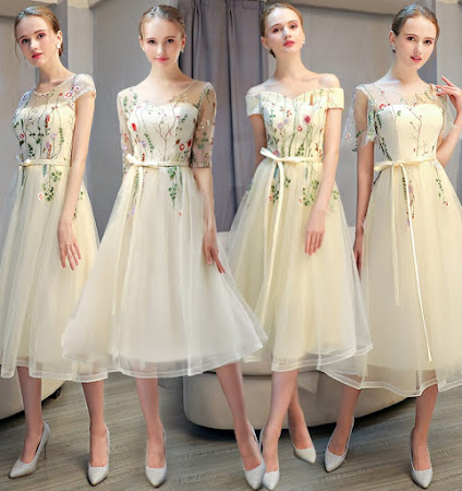 2017 4-Design Floral Embroidery Past Knee Length Bridesmaids Dress