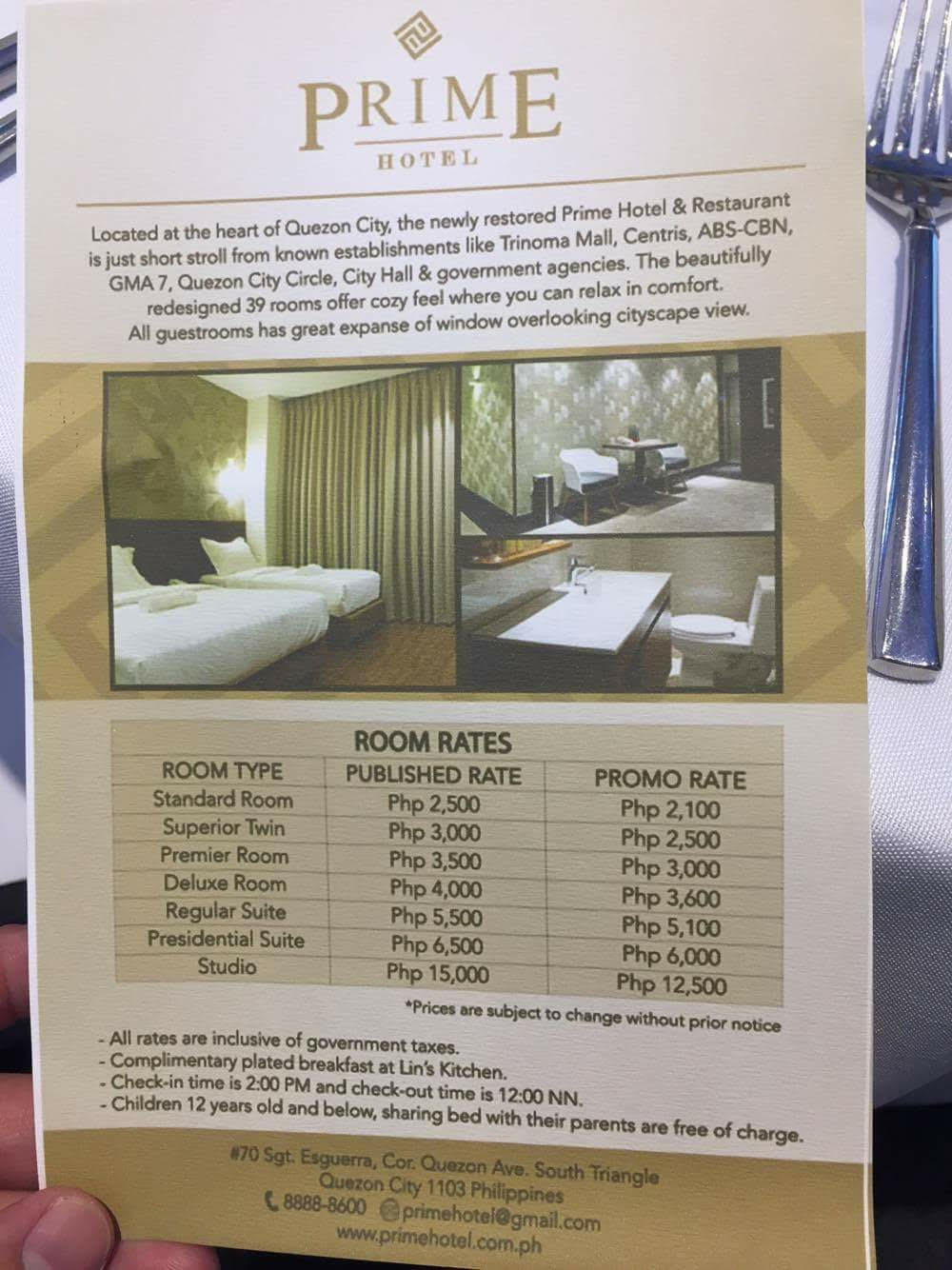 Prime Hotel Quezon City room rates