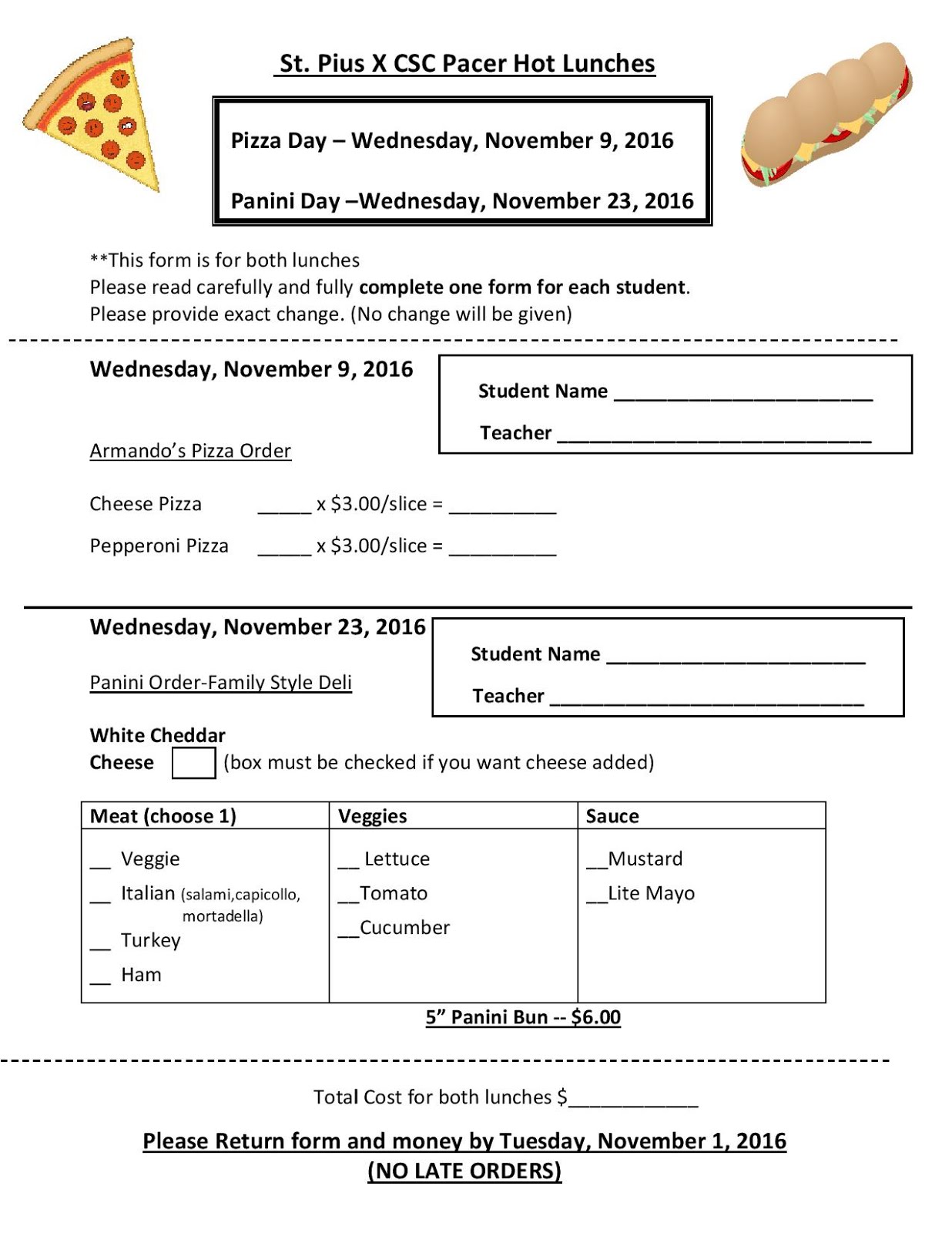News And Events Pacer Hot Lunch November Order Form