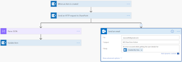 Setting Send an email option inputs to send error details