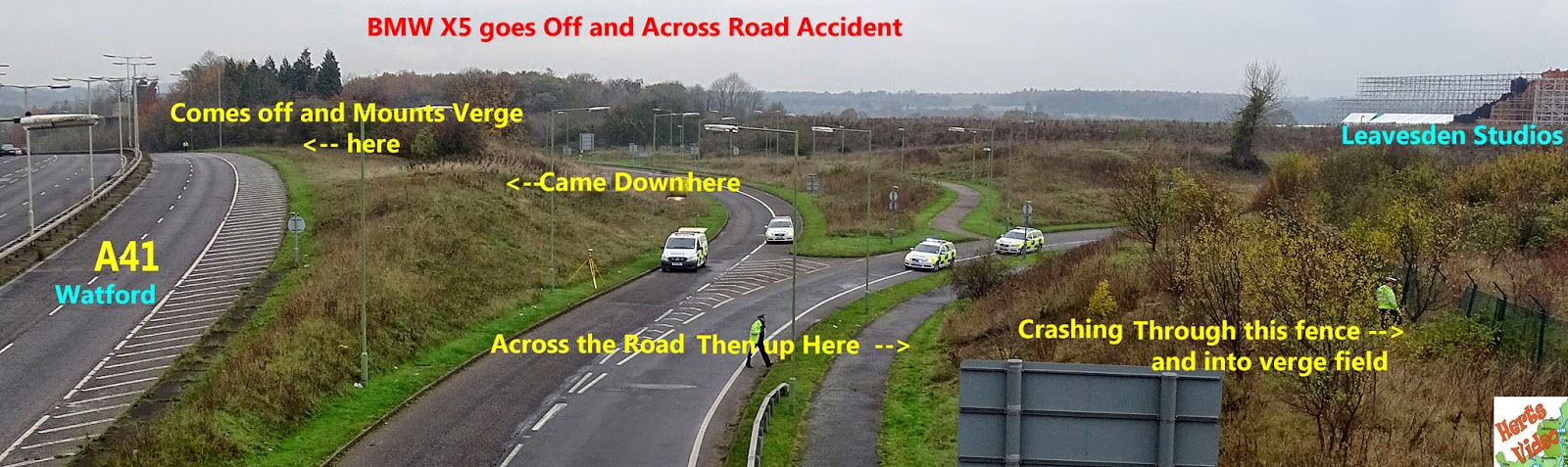 Tragic Car Accident Scene of BMW Driver went across roads then fence in Watford Car Accident