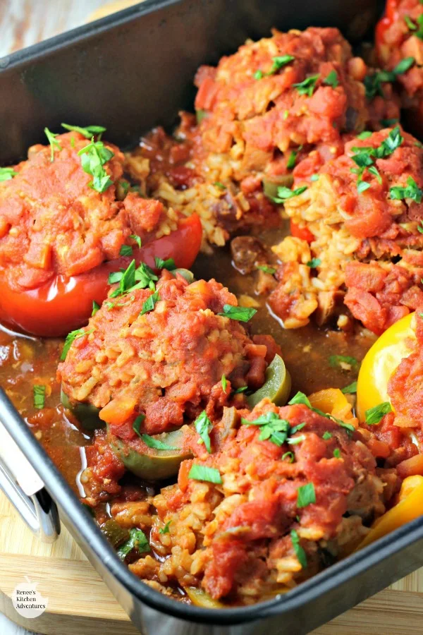 Easy Jambalaya Stuffed Peppers | by Renee's Kitchen Adventures - easy recipe for stuffed peppers filled with delicious sausage jambalaya and perfect for Mardi Gras! #SundaySupper @Zatarains