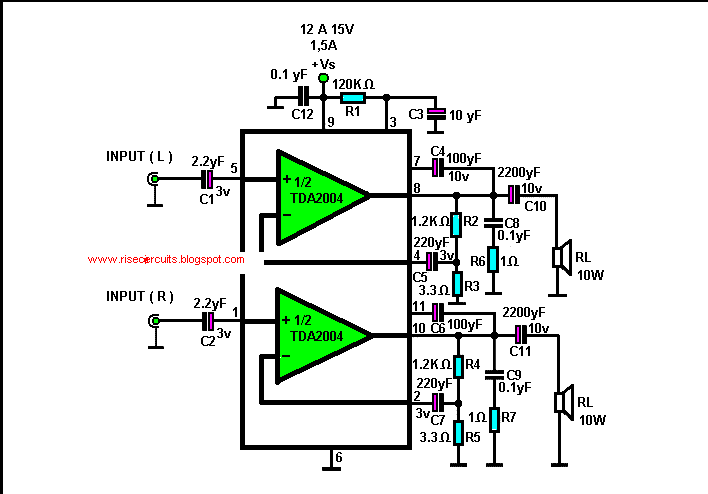 10 +10 W Stereo Amplifier with tda2004 | Circuits Diagram Lab