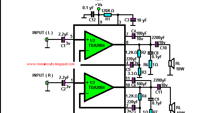 10 +10 W Stereo Amplifier with tda2004 | Supreem Circuits Diagram and