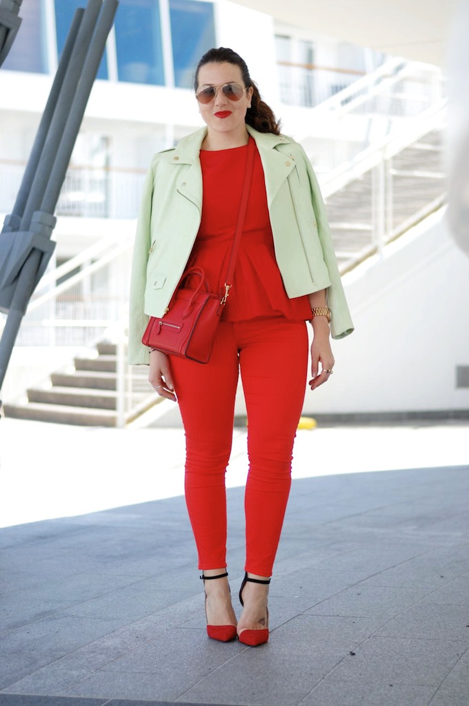 Cherry-hued Tibi peplum and Celine Nano heat up with a green leather Theory jacket Vancouver fashion blogger