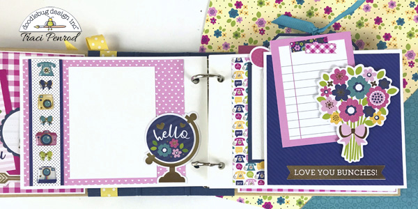 Mother's Day Scrapbook Mini Album page with flowers, cameras, bows, & a globe