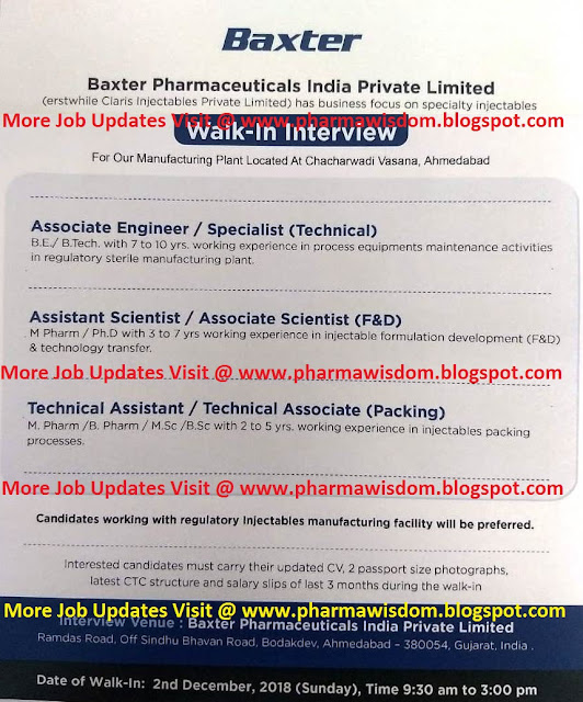 Baxter Pharmaceuticals WalkIn Interviews on 2nd December, 2018