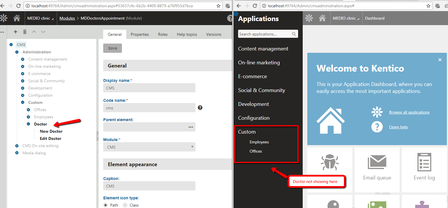 Learning Kentico Custom Module not showing in Custom Applications (CMS