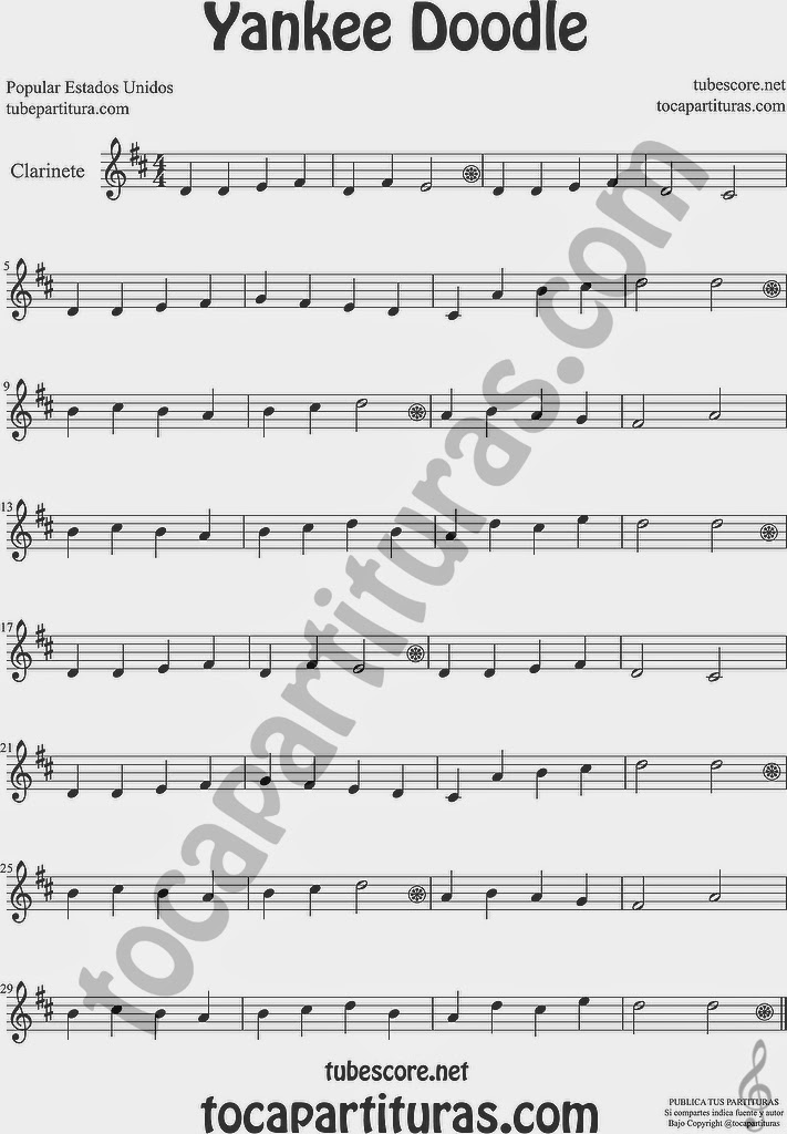  Yankee Doodle Partitura de Clarinete Sheet Music for Clarinet Music Score
